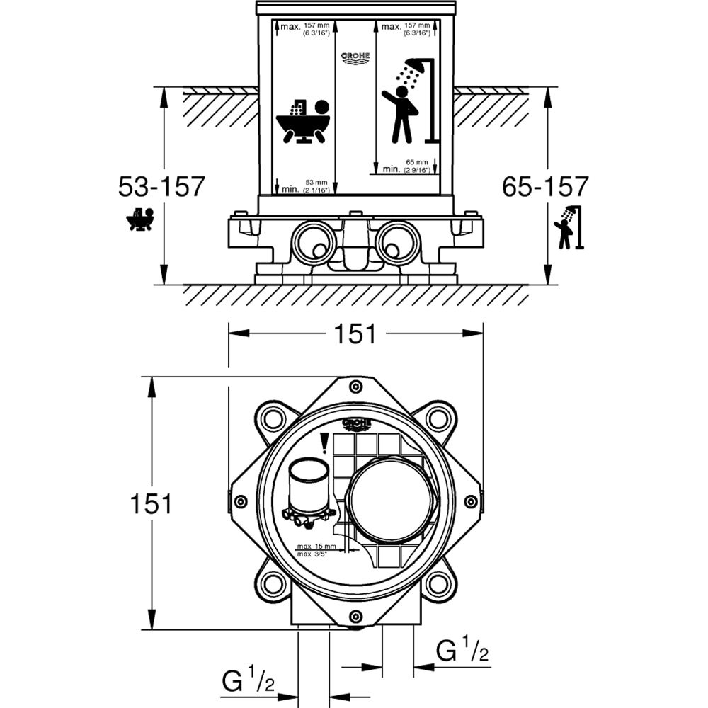 Set instalare incastrata 1/2" pentru baterii cada/dus GROHE 45984001
