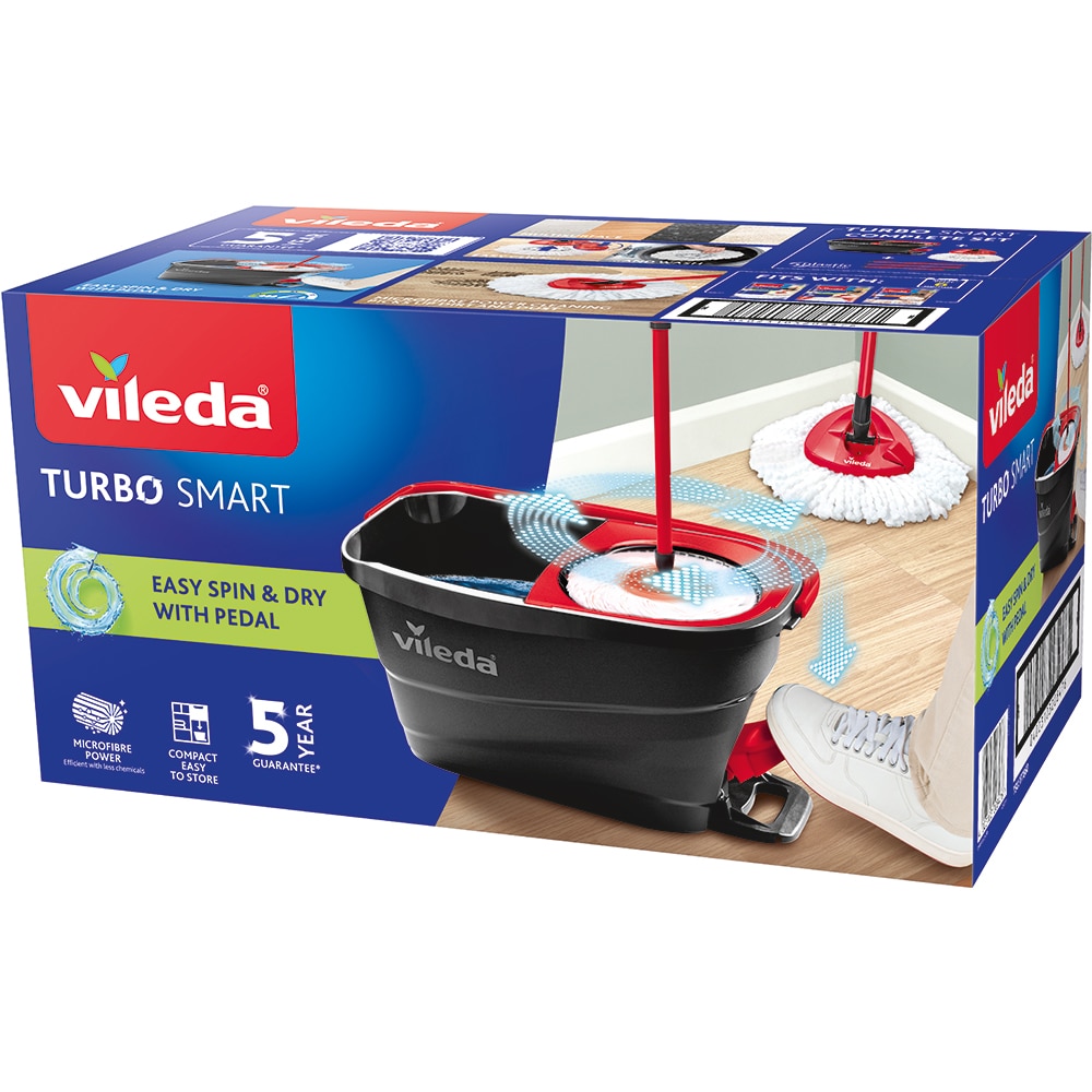 Set galeata cu storcator + mop + maner telescopic VILEDA Turbo Smart, rosu-negru
