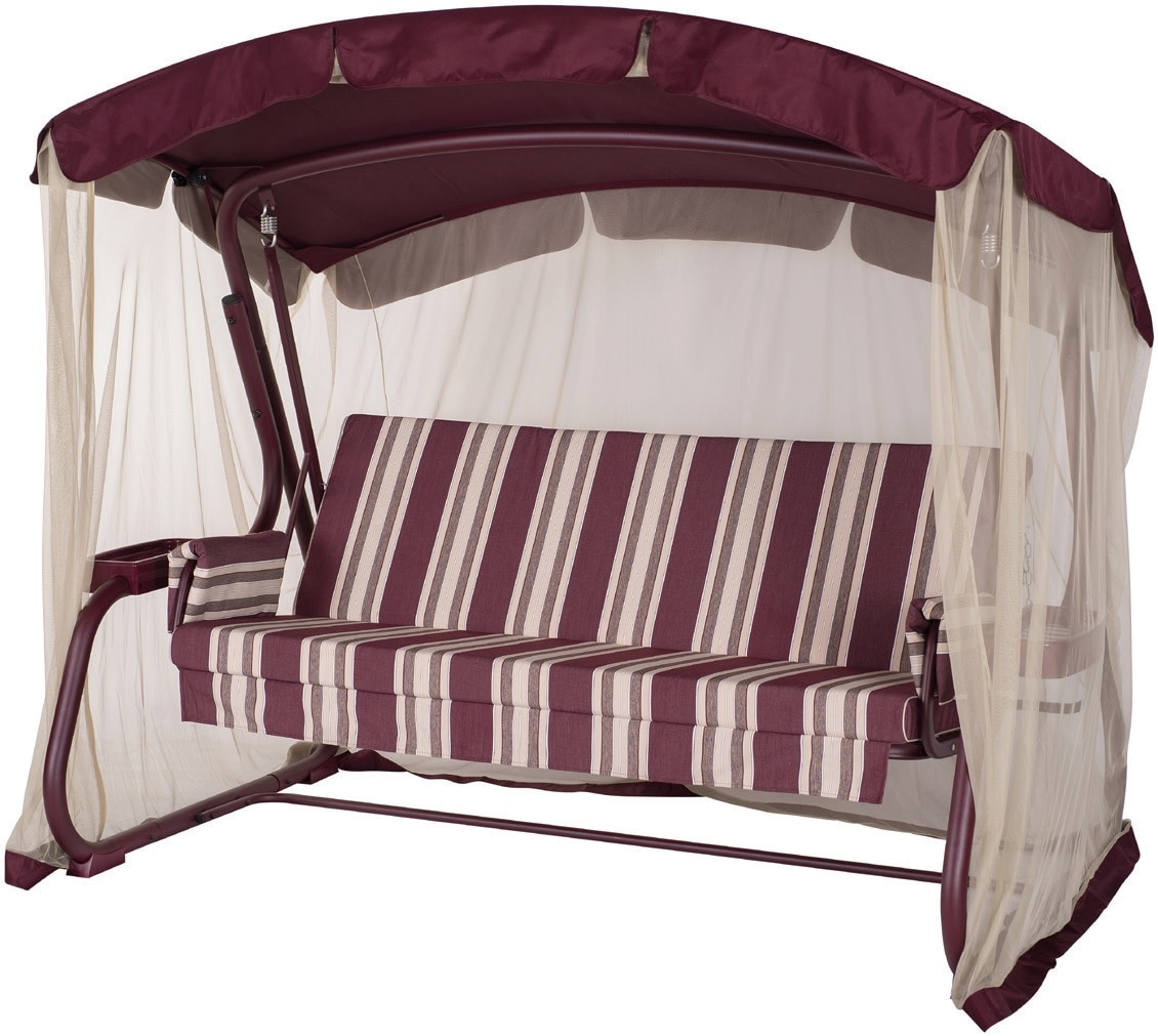 Balansoar de gradina Mayorka, visiniu, otel, 3 locuri, 236 x 136 x 172 cm, sarcina maxima 300 Kg, cu functie de pat