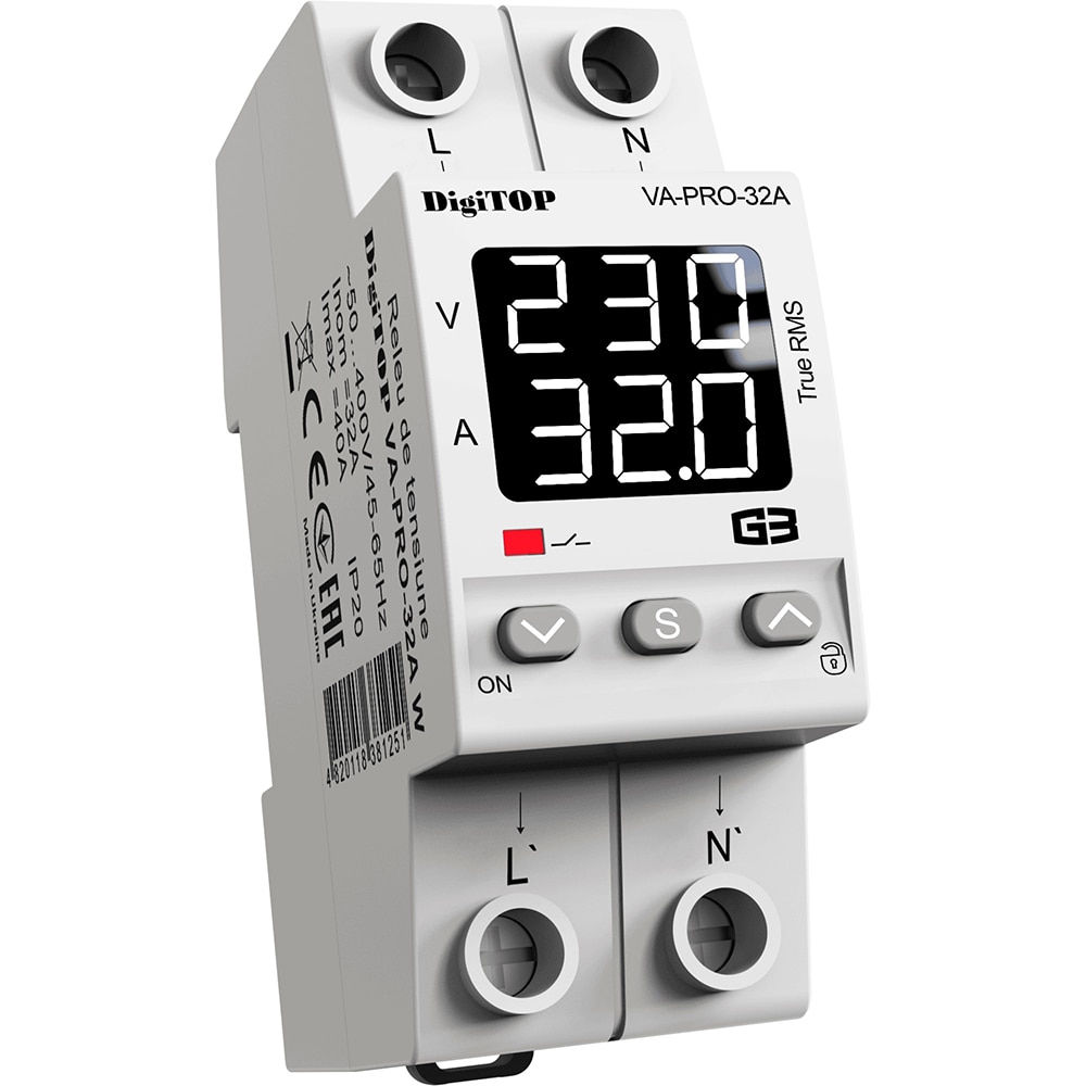 Releu protectie tensiune DIGITOP, VA-PRO-32A, 1P+N, 32A, alb