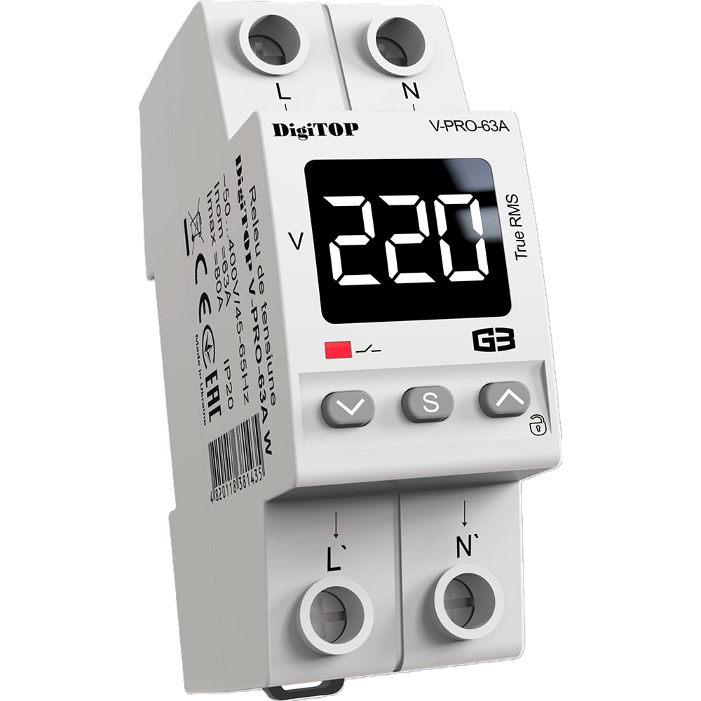 Releu protectie tensiune monofazat DIGITOP V-PRO 63A, 63A, 2P, 230V