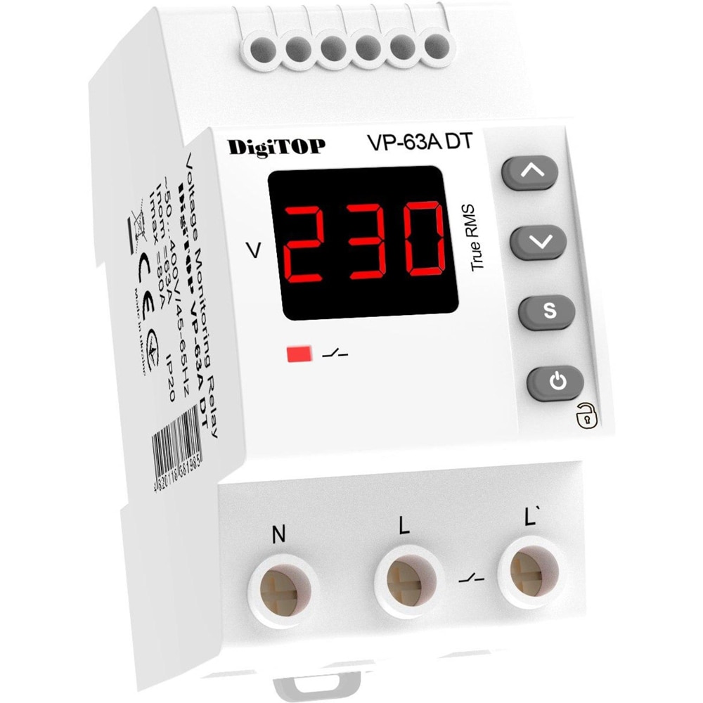 Releu protectie tensiune monofazat DIGITOP VP-63A DT, 63A, 1 secventa, 2P, 230V