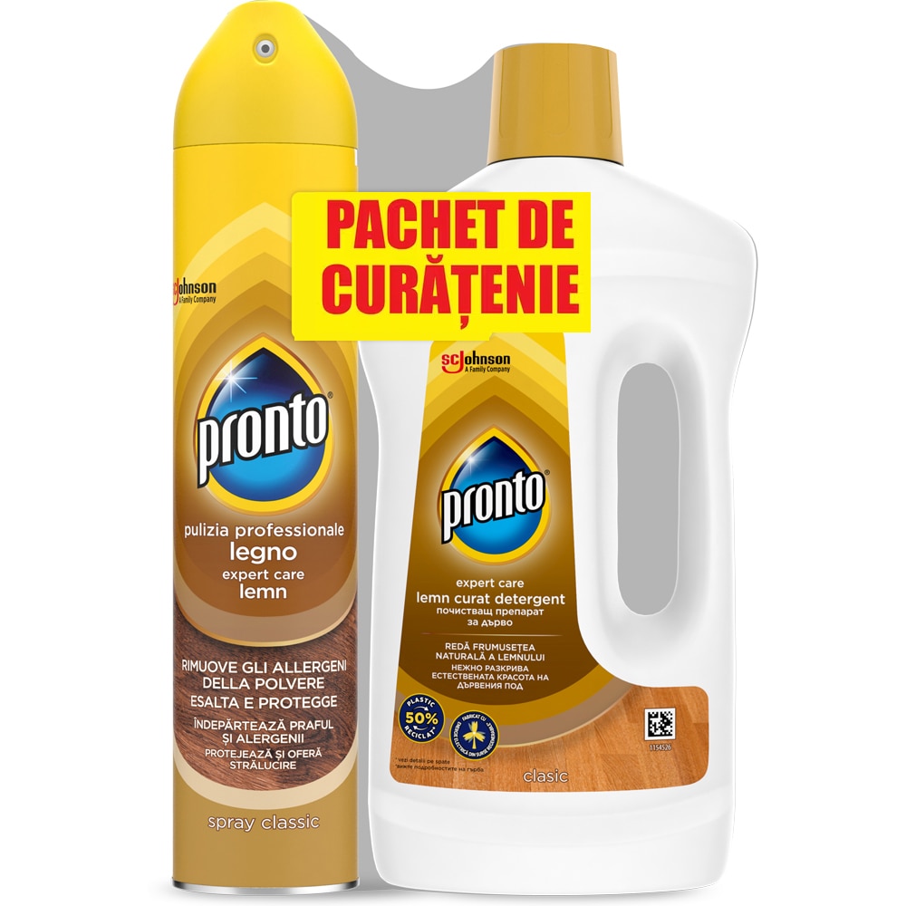 Pachet spray pentru mobila PRONTO Classic, 300ml + detergent pentru parchet PRONTO Lemn curat, 750ml