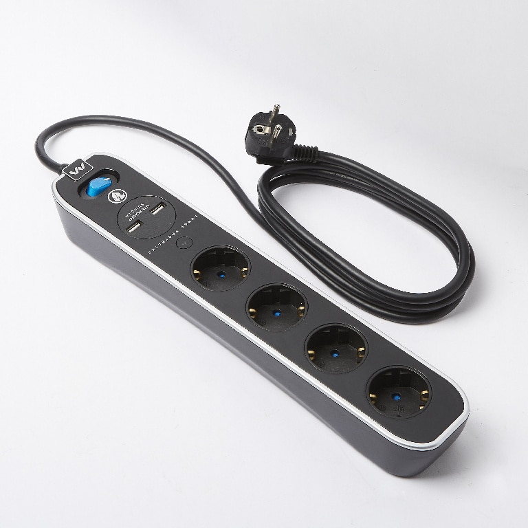Prelungitor 4 prize, 2 porturi USB, negru, 16 A, 1.5 mmp x 1.5 m 