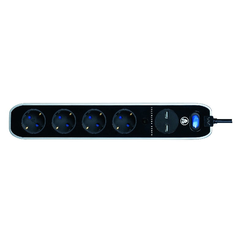 Prelungitor 4 prize, 2 porturi USB, negru, 16 A, 1.5 mmp x 1.5 m 