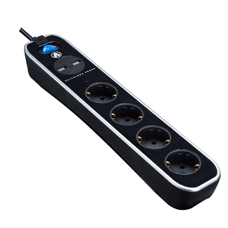 Prelungitor 4 prize, 2 porturi USB, negru, 16 A, 1.5 mmp x 1.5 m 
