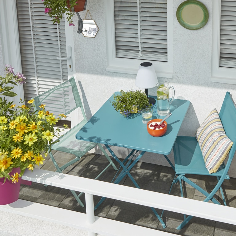 Scaun de gradina pliant GOODHOME Saba, 84.5 x 46.5 x 50 cm, otel si panza, albastru