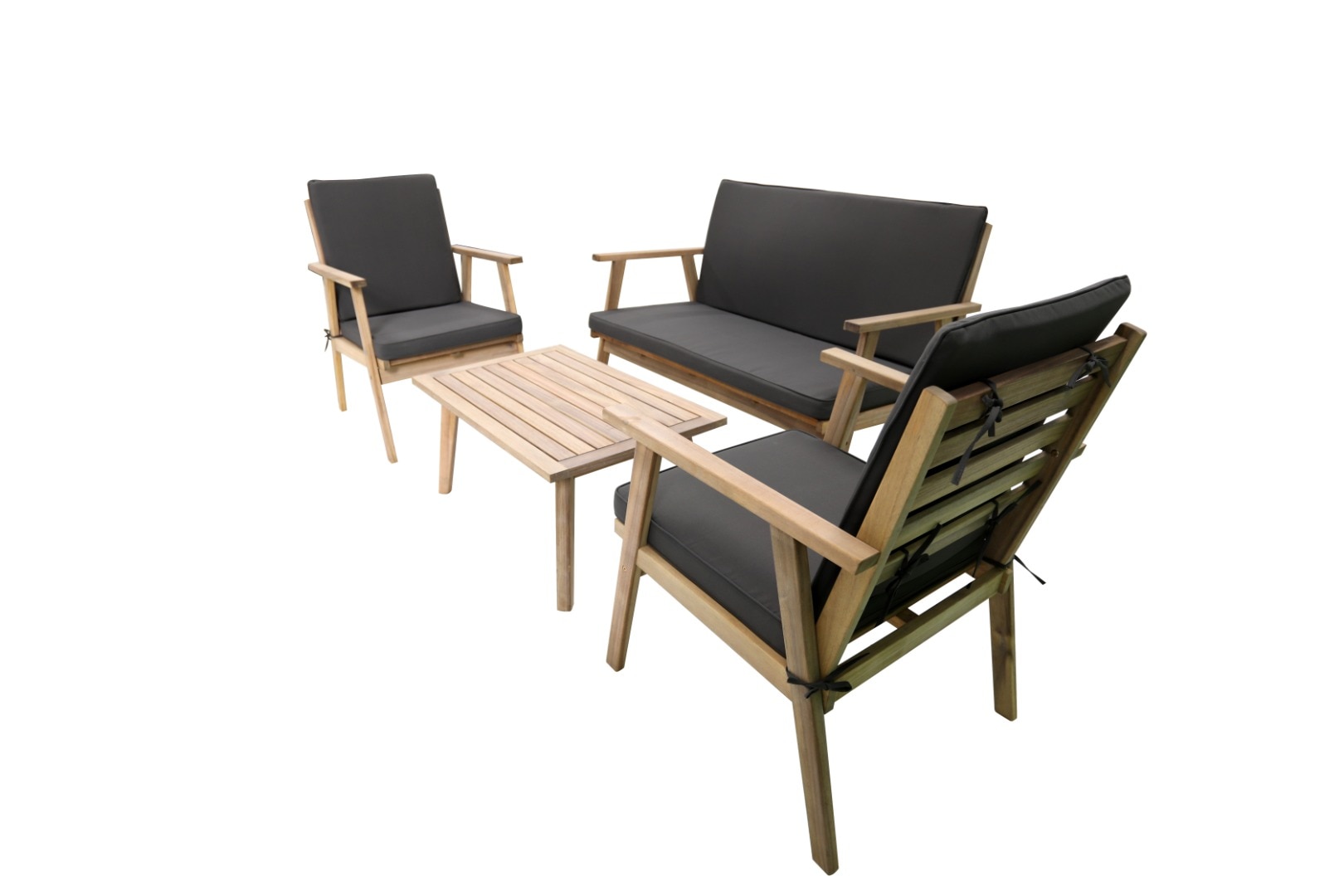 Set mobilier gradina, maro, lemn, 4 persoane, 4 piese, masa + canapea + 2 scaune, include perne • Acacia