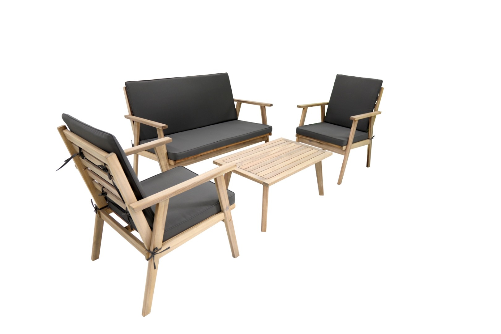 Set mobilier gradina, maro, lemn, 4 persoane, 4 piese, masa + canapea + 2 scaune, include perne • Acacia