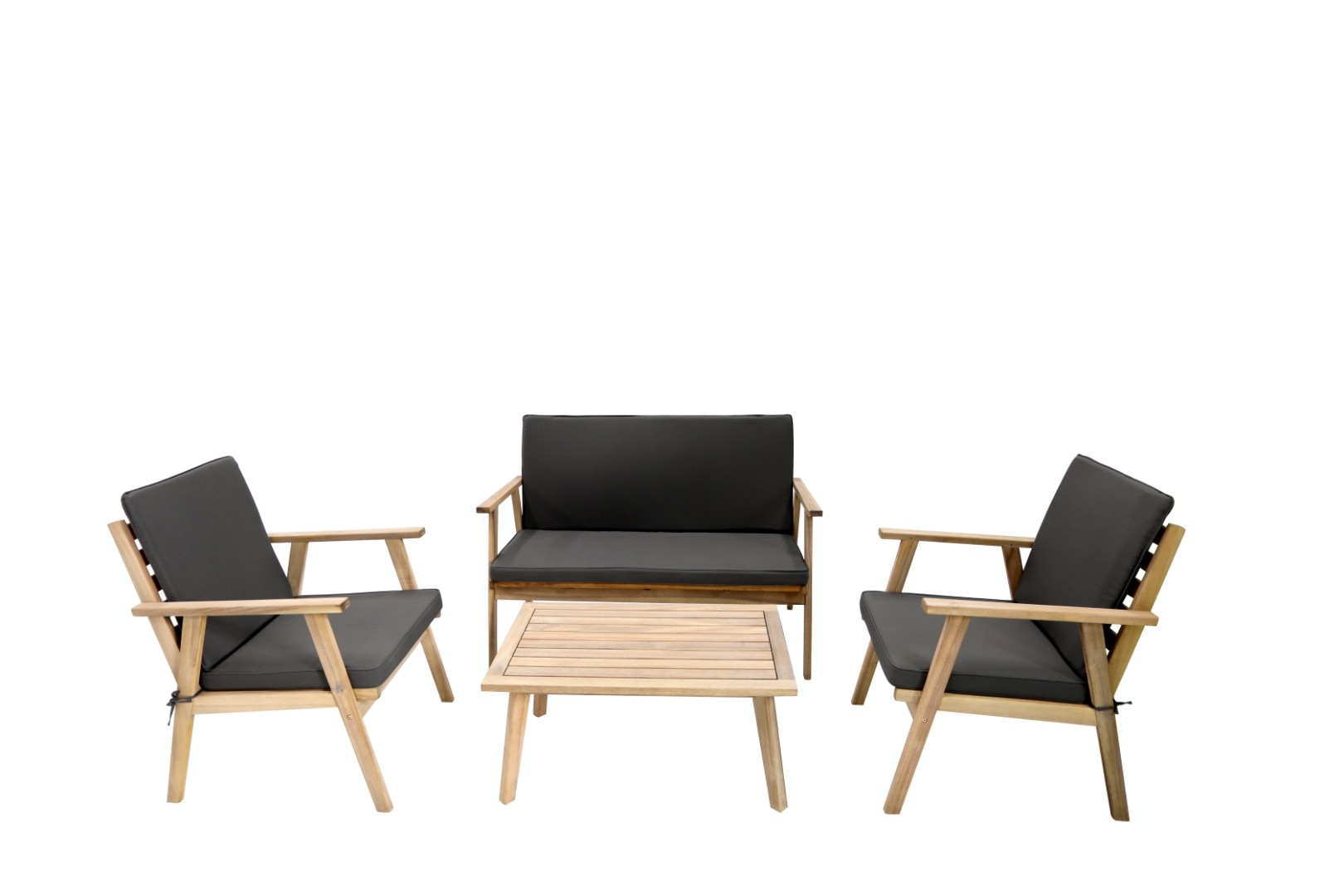 Set mobilier gradina, maro, lemn, 4 persoane, 4 piese, masa + canapea + 2 scaune, include perne • Acacia