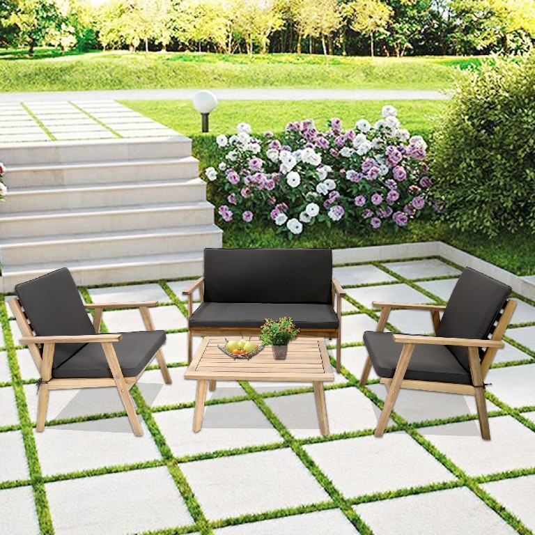 Set mobilier gradina, maro, lemn, 4 persoane, 4 piese, masa + canapea + 2 scaune, include perne • Acacia