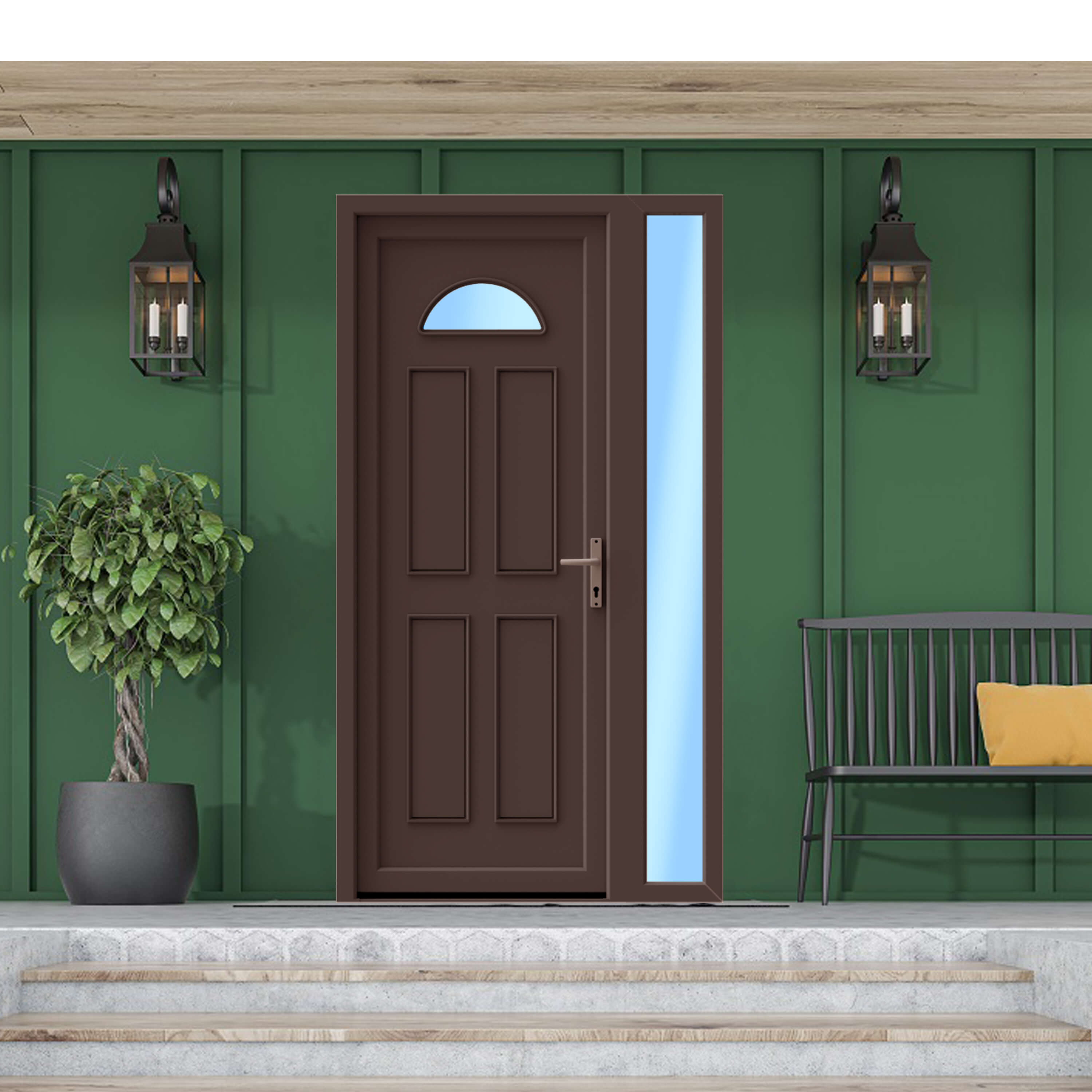 Usa de exterior pentru casa, PVC, nuc, cu geam, stanga, 205 x 120 cm