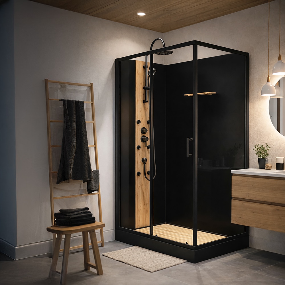 Cabina dus cu hidromasaj BAMBOO, dreptunghiulara, profil metalic, sticla securizata, 120 x 80 x 225 cm, negru/maro
