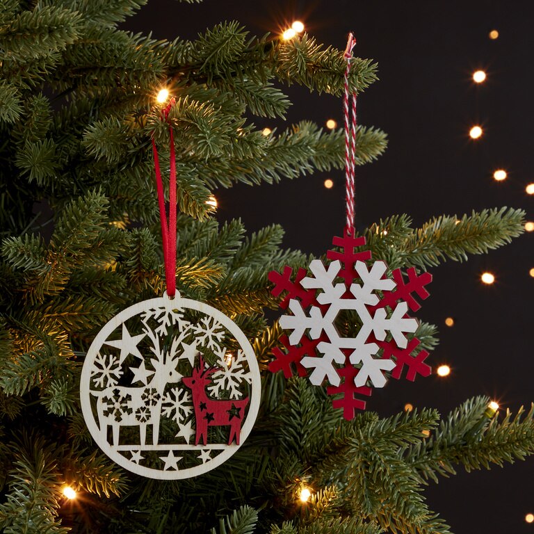 Decoratiune Craciun, model fulg de zapada, 10 cm, rosu-alb