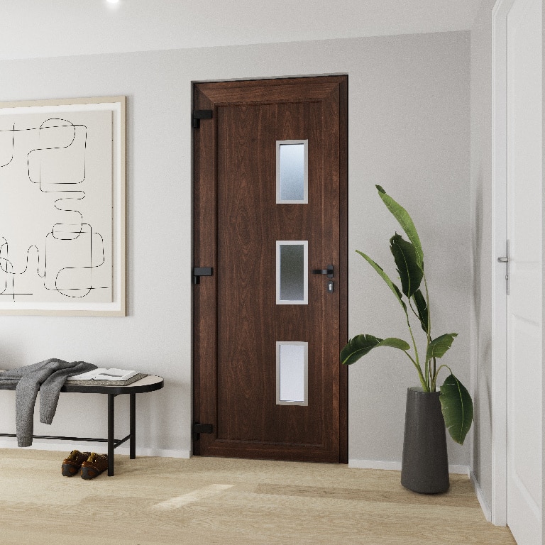 Usa de exterior pentru casa, PVC nuc, cu geam, dreapta, 205 x 88 cm • Fortia Kilifi