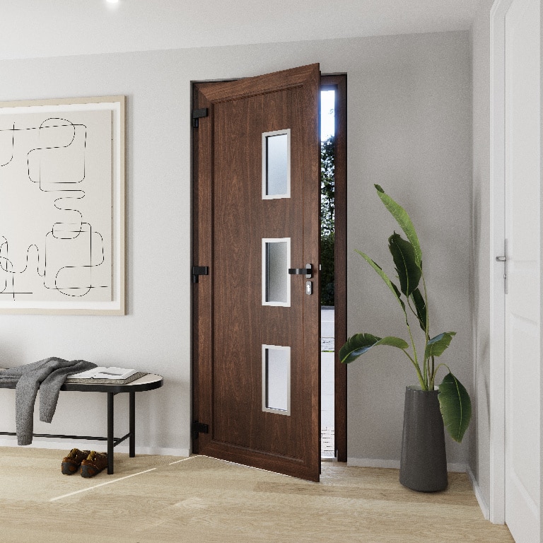 Usa de exterior pentru casa, PVC nuc, cu geam, dreapta, 205 x 88 cm • Fortia Kilifi