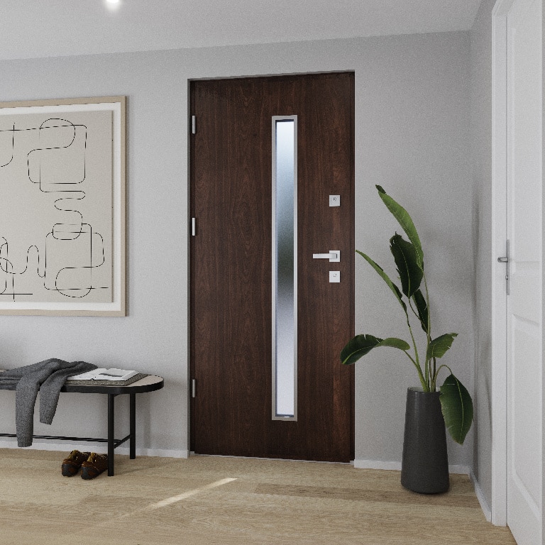 Usa de exterior pentru casa, metalica, nuc, cu geam, stanga, 208 x 88 cm  Fortia Pasni