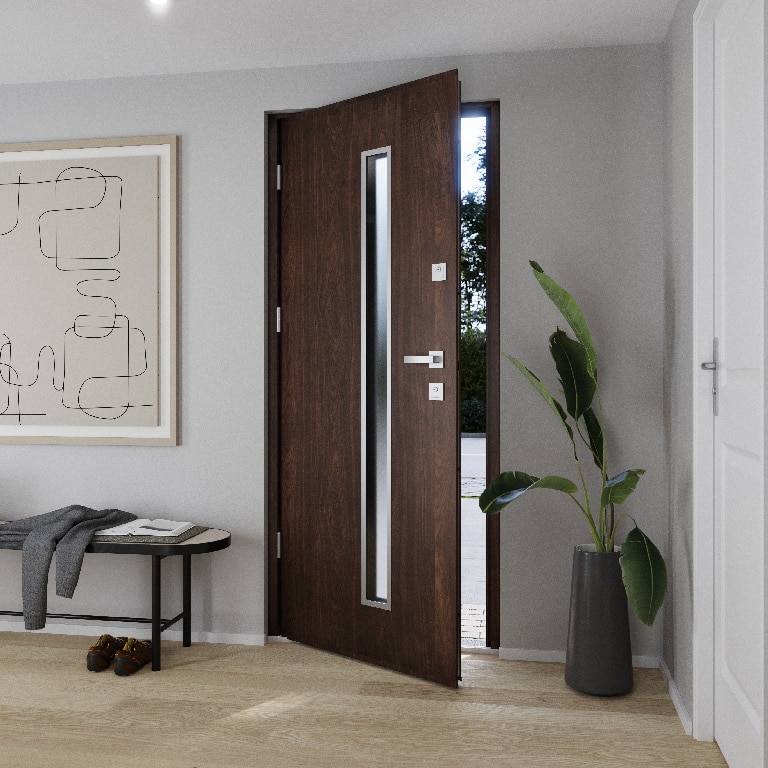 Usa de exterior pentru casa, metalica, nuc, cu geam, stanga, 208 x 88 cm  Fortia Pasni