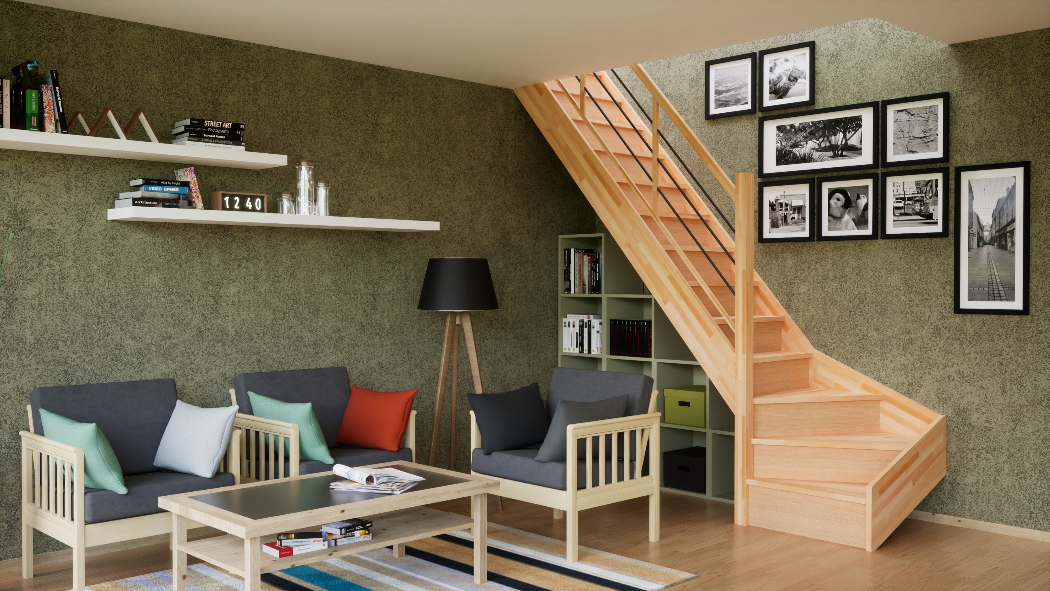 Balustrada din fag, cu balustri orizontali din metal negru