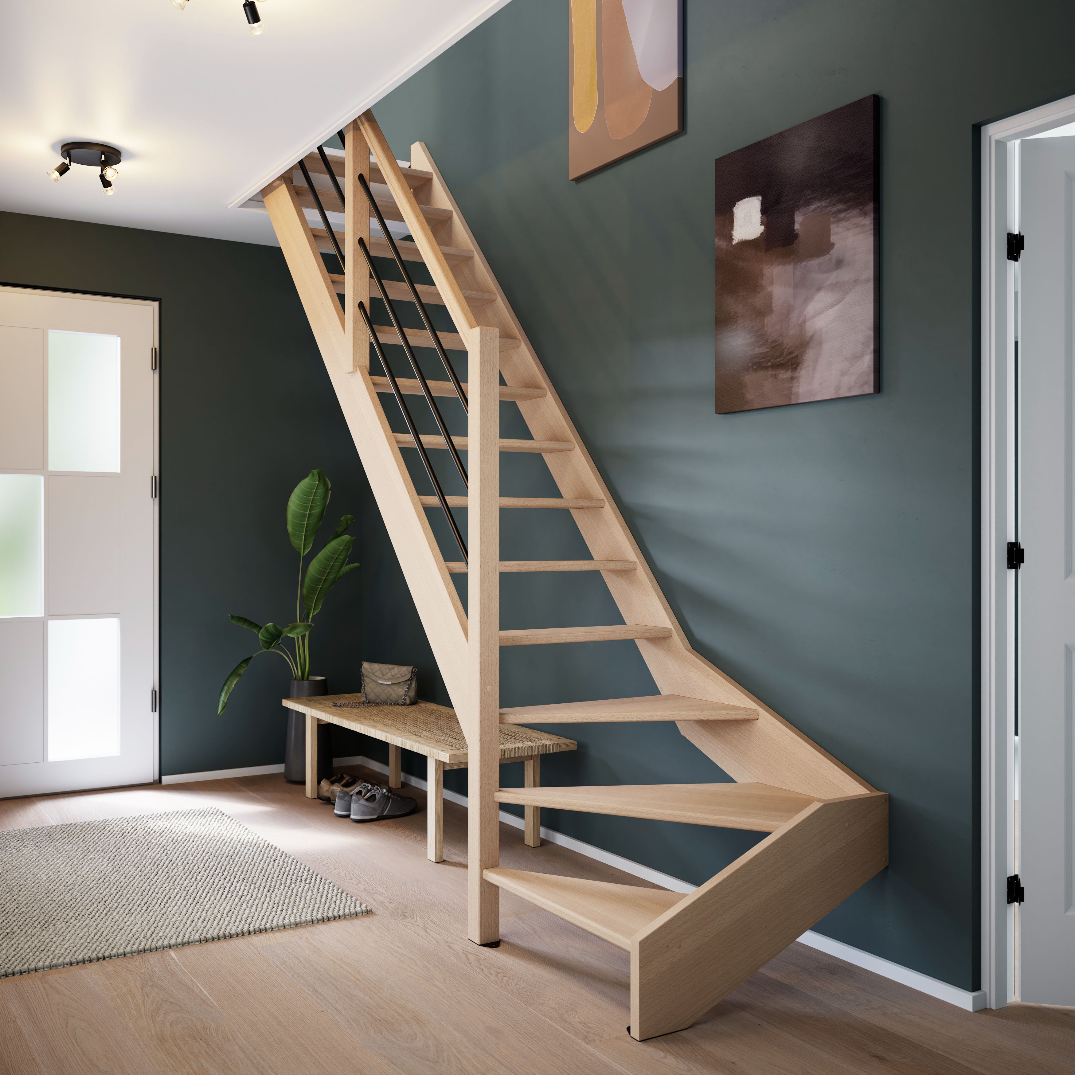 Scara interioara curba, fag, stanga, 277 x 261 x 82 cm Siderno