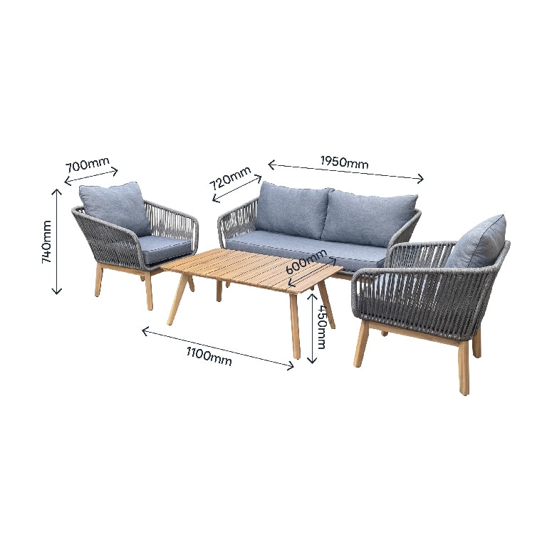 Set mobilier gradina/terasa Vitello, masa + 2 fotolii + canapea, 4 piese, gri-maro