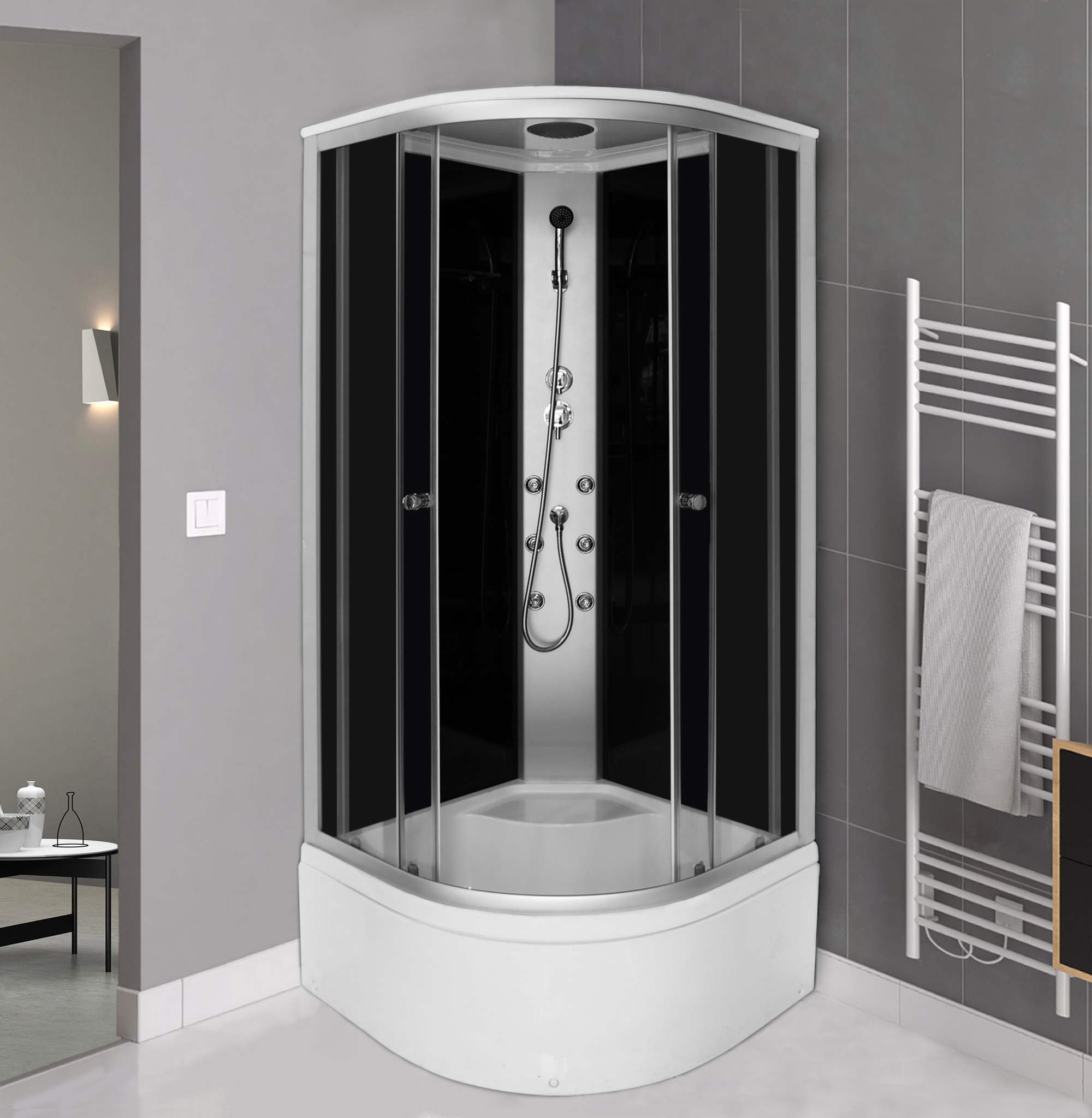 Cabina de dus Briska, 90 x 90 x 210 cm, semirotunda, sticla securizata 4mm, profil crom