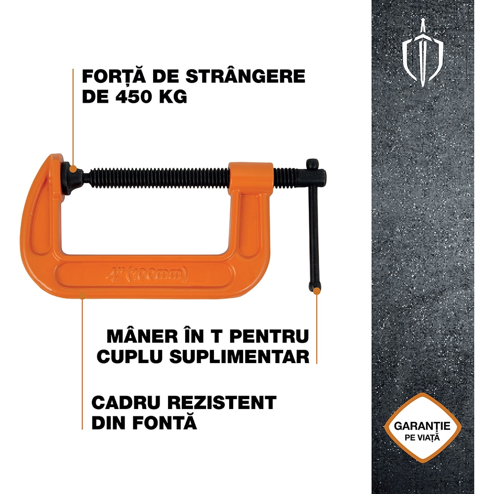 Menghina Tip G MAGNUSSON, 200 x 100 mm, forta strangere 450 kg, fonta si otel, portocaliu