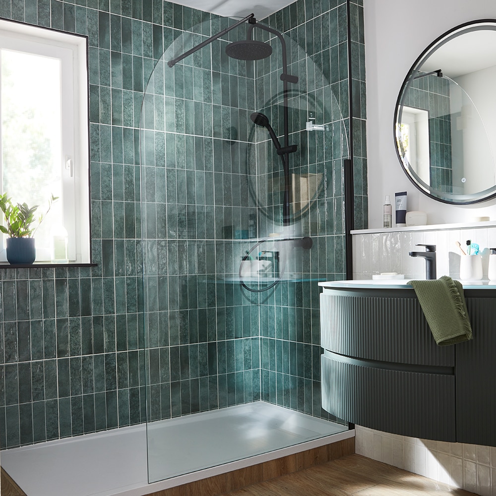 Paravan dus walk-in GOODHOME Ledava, aluminiu, sticla securizata 8mm, 120 x 195 cm, profil negru