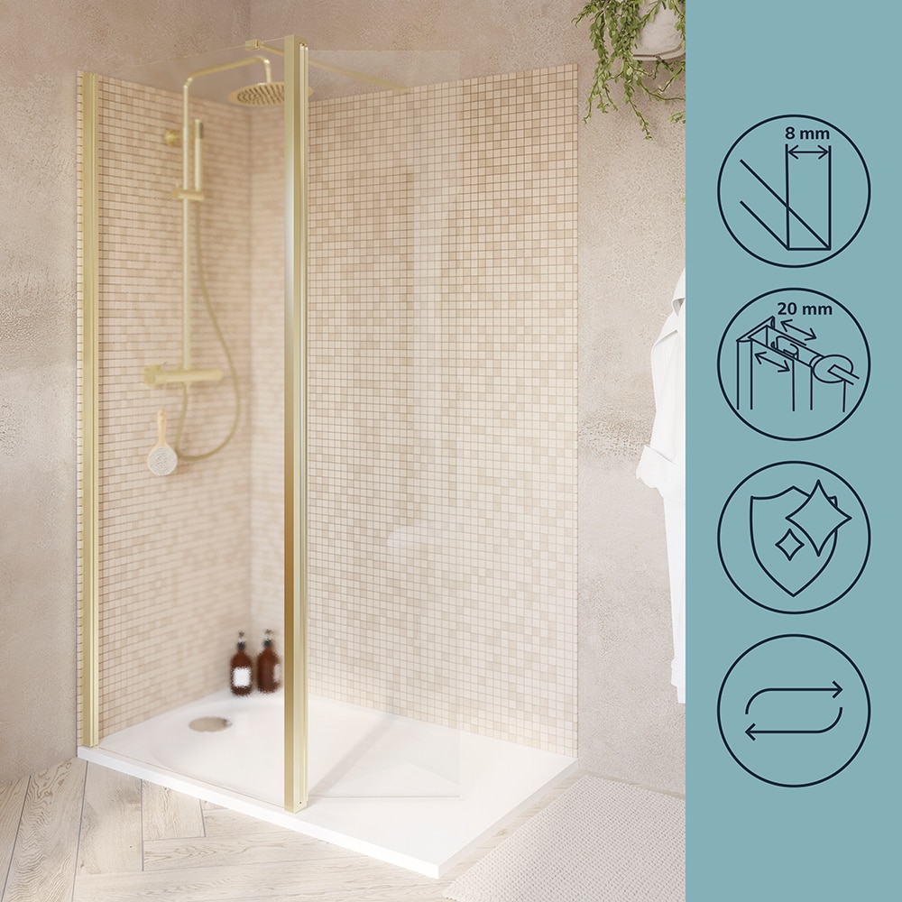 Paravan dus walk-in GOODHOME GOODHOME Ledava, aluminiu, sticla securizata 8mm, 80+45 x 195 cm, profil auriu