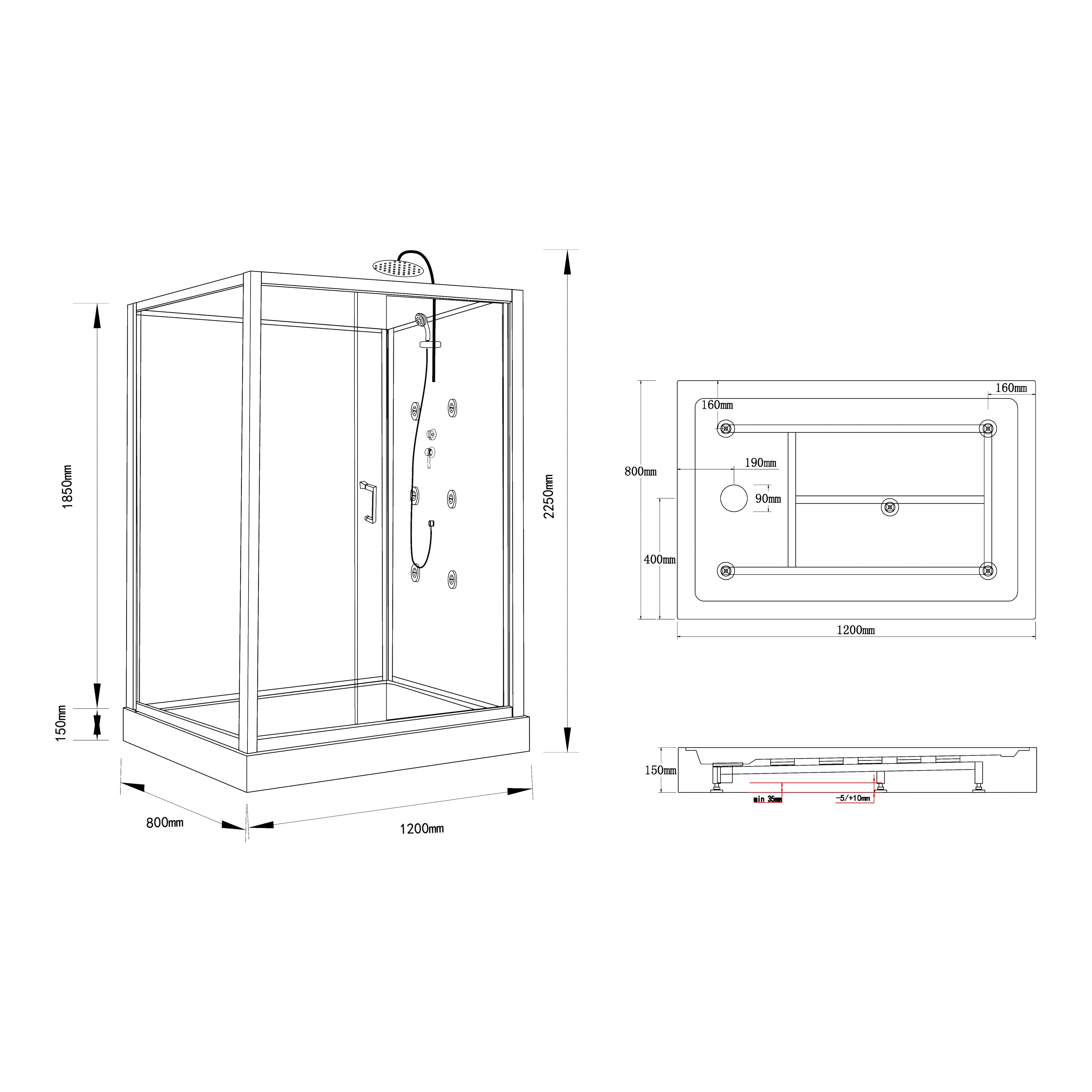 Cabina dus hidromasaj, joasa, dreptunghiulara, 80 x 120 x 225 cm  Sabina