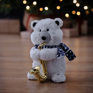 Animatie Urs cu saxofon, 27 cm, alb