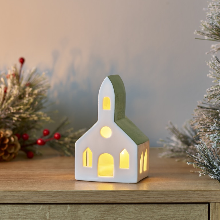 Decoratiune Biserica LED, ceramica, 13 cm, alb