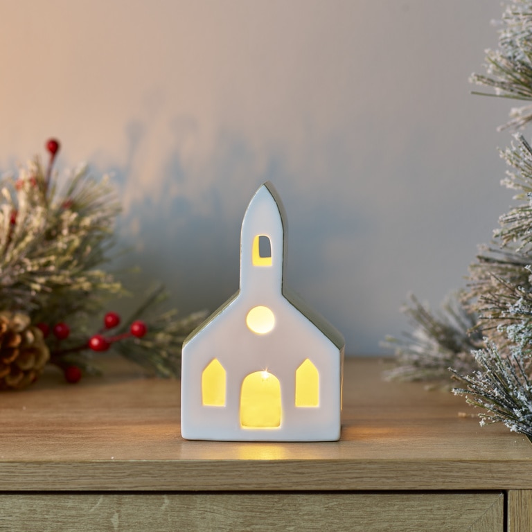 Decoratiune Biserica LED, ceramica, 13 cm, alb