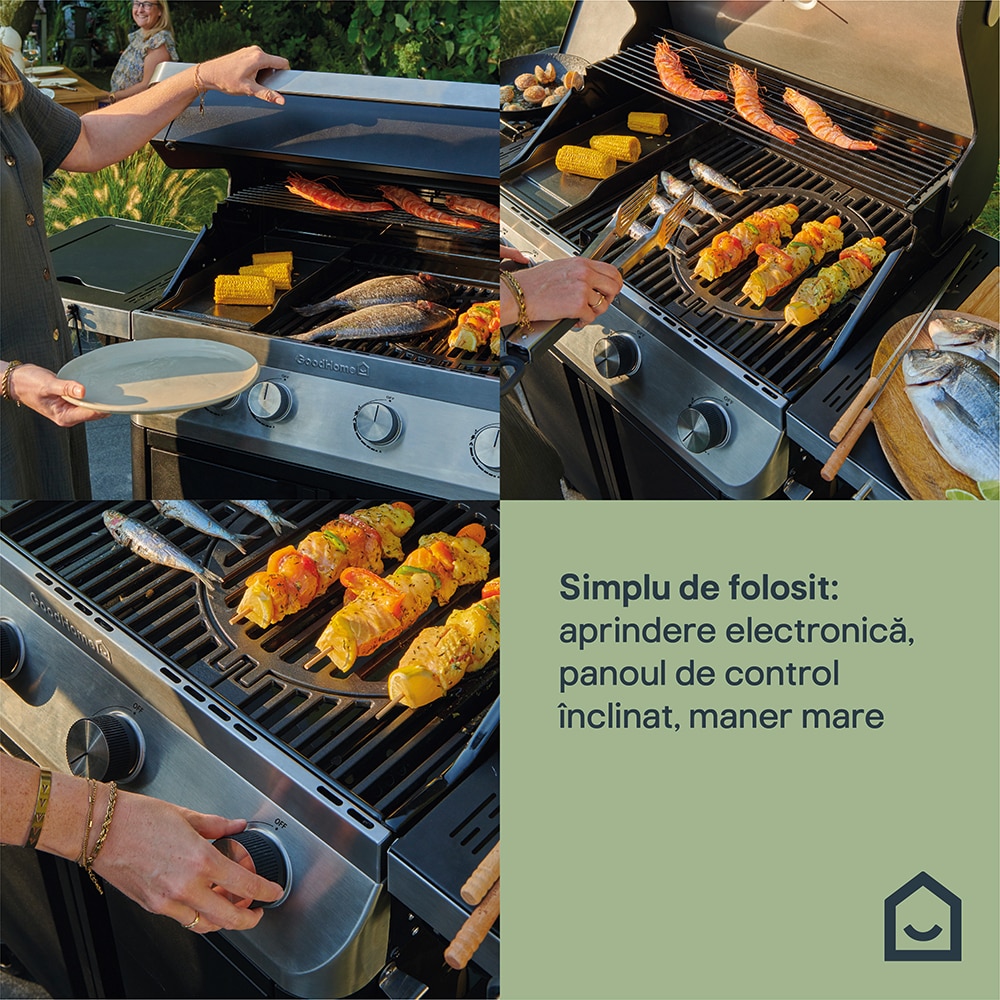 Grata pe gaz Goodhome Attaia 4.1, aprindere electronica, termometru, fonta, negru-argintiu