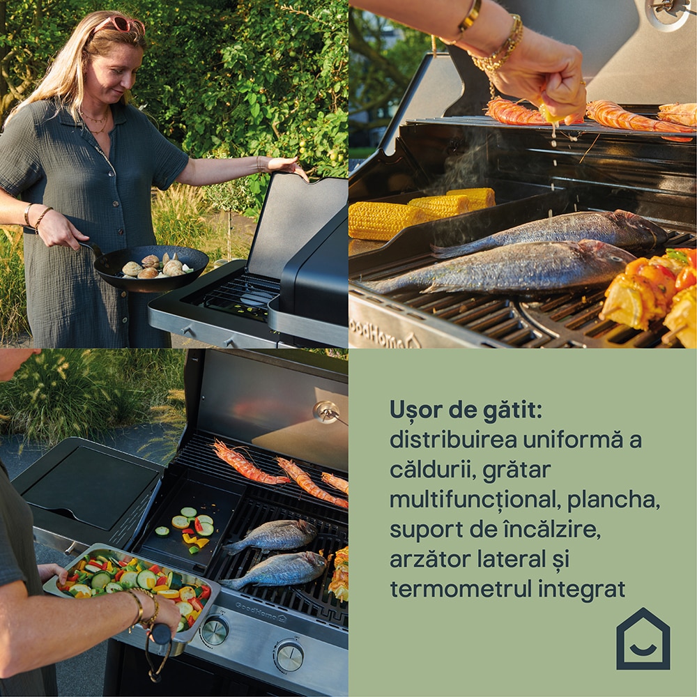 Grata pe gaz Goodhome Attaia 4.1, aprindere electronica, termometru, fonta, negru-argintiu