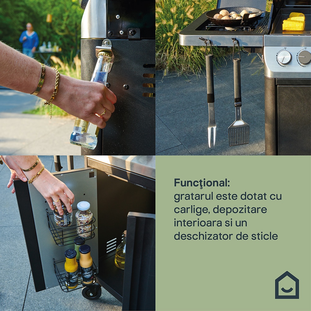 Grata pe gaz Goodhome Attaia 4.1, aprindere electronica, termometru, fonta, negru-argintiu