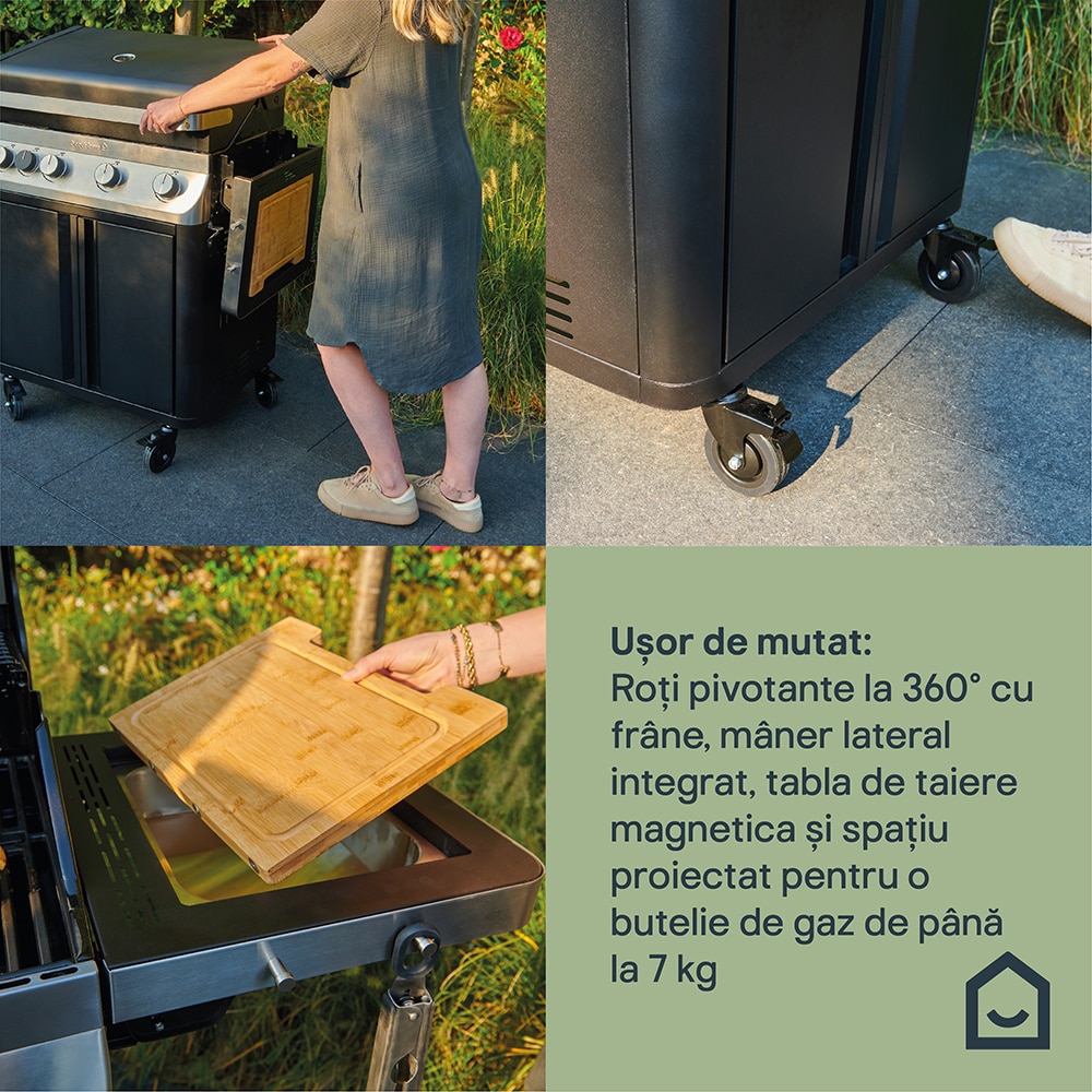 Grata pe gaz Goodhome Attaia 4.1, aprindere electronica, termometru, fonta, negru-argintiu