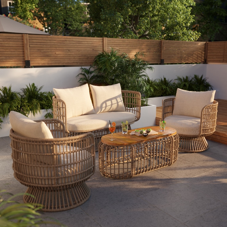 Set mobilier gradina/terasa GoodHome Palm, 2 fotolii + 1 canapea + 1 masa. 4 piese, crem