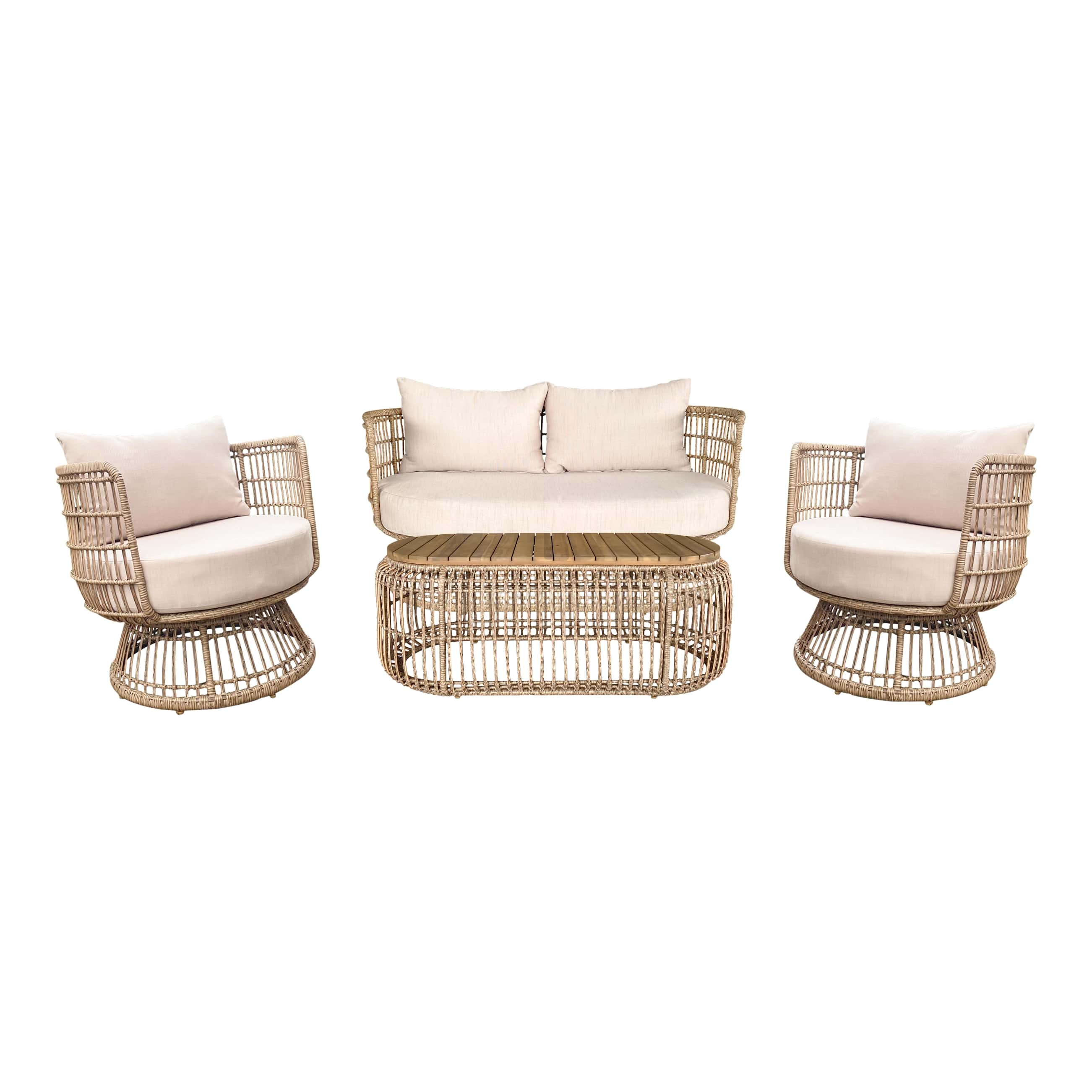 Set mobilier gradina/terasa GoodHome Palm, 2 fotolii + 1 canapea + 1 masa. 4 piese, crem