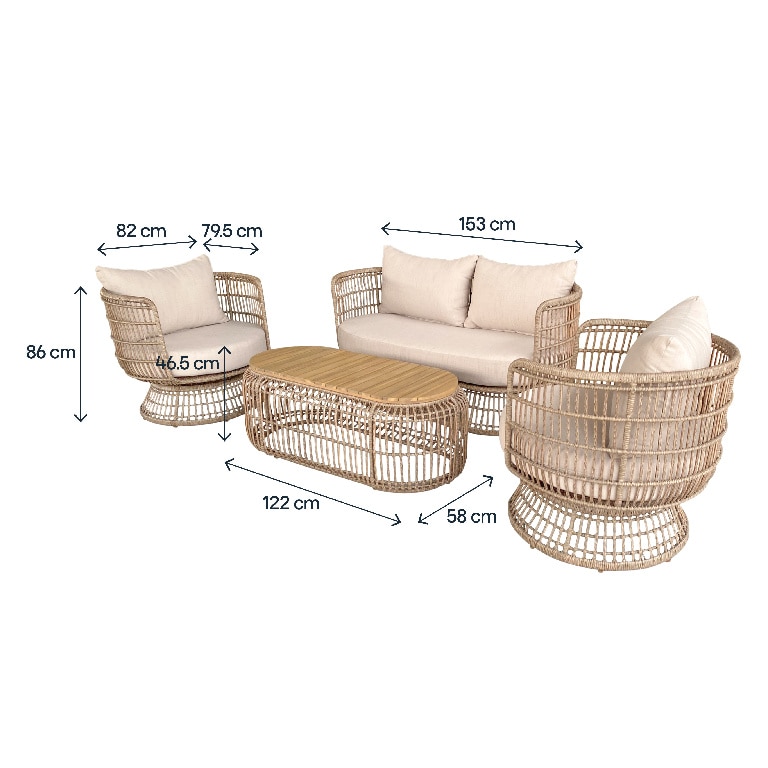 Set mobilier gradina/terasa GoodHome Palm, 2 fotolii + 1 canapea + 1 masa. 4 piese, crem