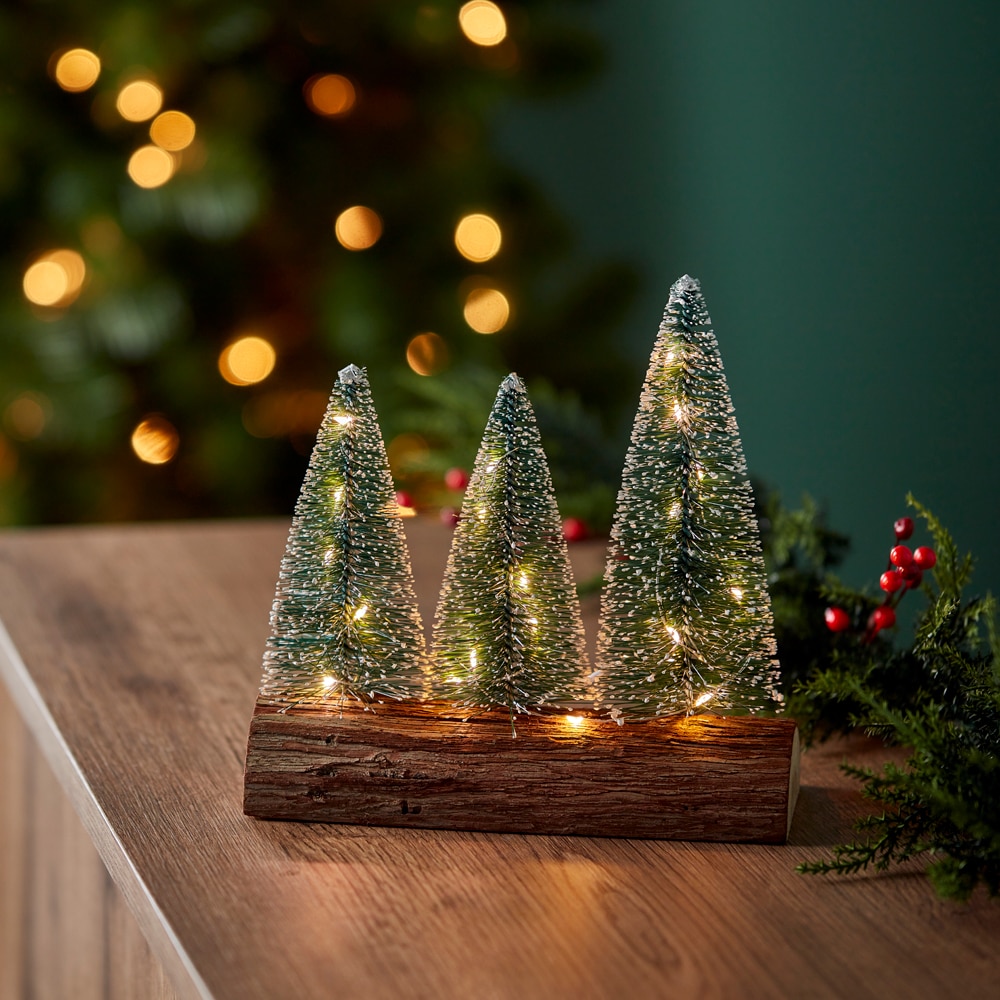 Decoratiune masa Brazi, LED, 20.2 x 21 cm, verde-maro