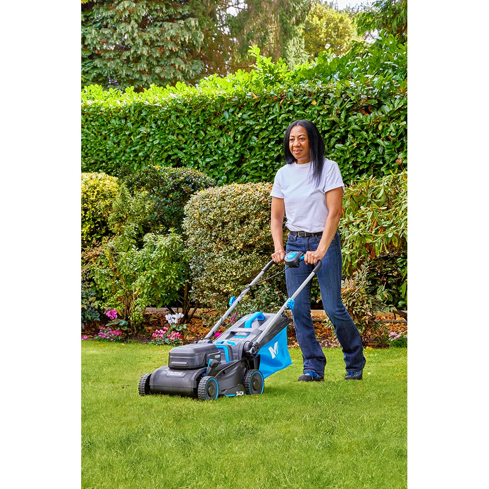 Masina de tuns iarba pe acumulator MAC ALLISTER, Electrica, 18V, 5Ah, latime taiere 34 cm, cos 35L, albastru-negru