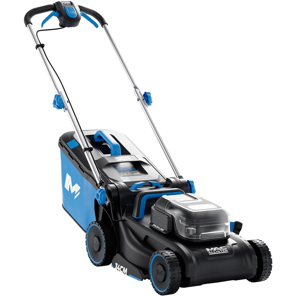 Masina de tuns iarba pe acumulator MAC ALLISTER, Electrica, 18V, 5Ah, latime taiere 34 cm, cos 35L, albastru-negru