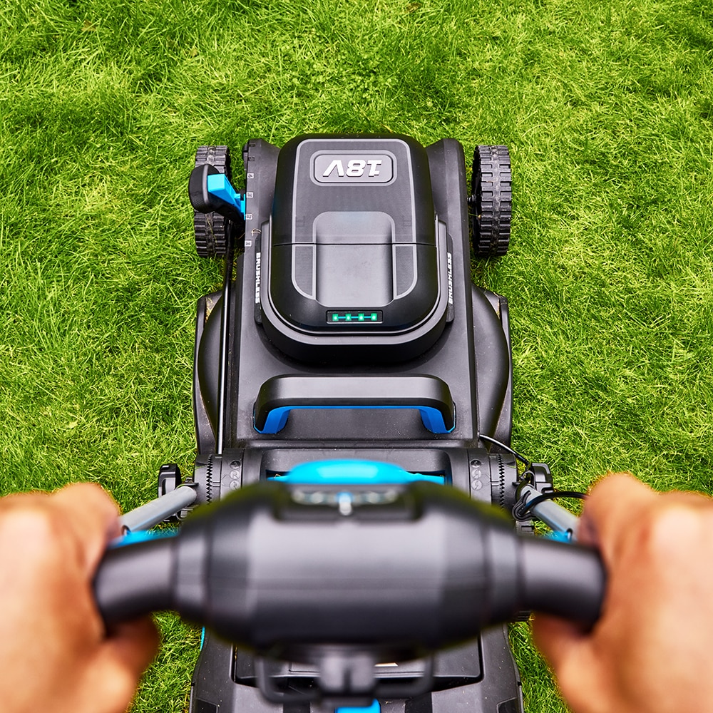 Masina de tuns iarba pe acumulator MAC ALLISTER, Electrica, 18V, 5Ah, latime taiere 34 cm, cos 35L, albastru-negru