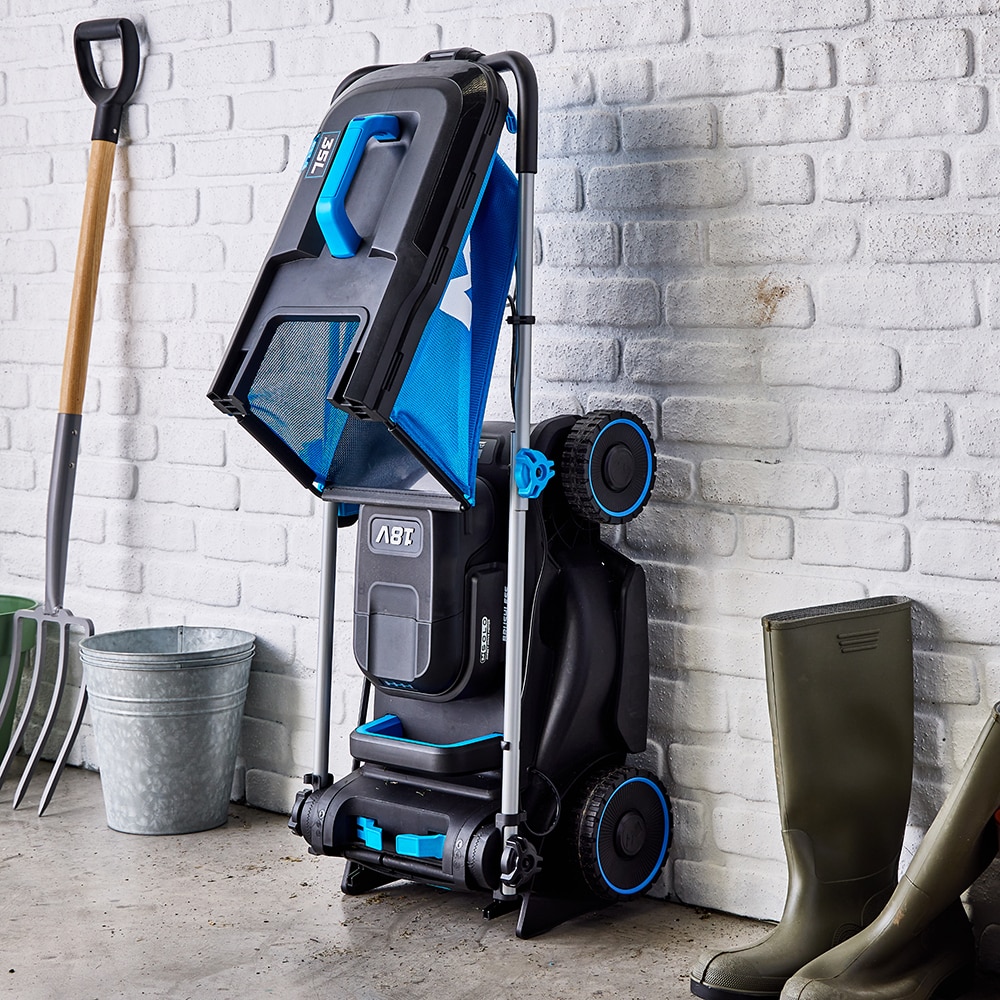 Masina de tuns iarba pe acumulator MAC ALLISTER, Electrica, 18V, 5Ah, latime taiere 34 cm, cos 35L, albastru-negru