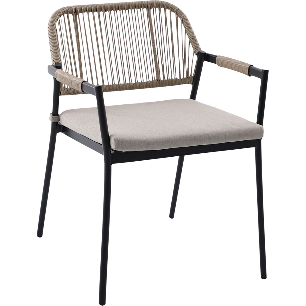 Scaun dining terasa GOODHOME Siliana, 56 x 59 x 76 cm, perna poliester inclusa, sarcina maxima 100 kg, otel si ratan, maro/negru