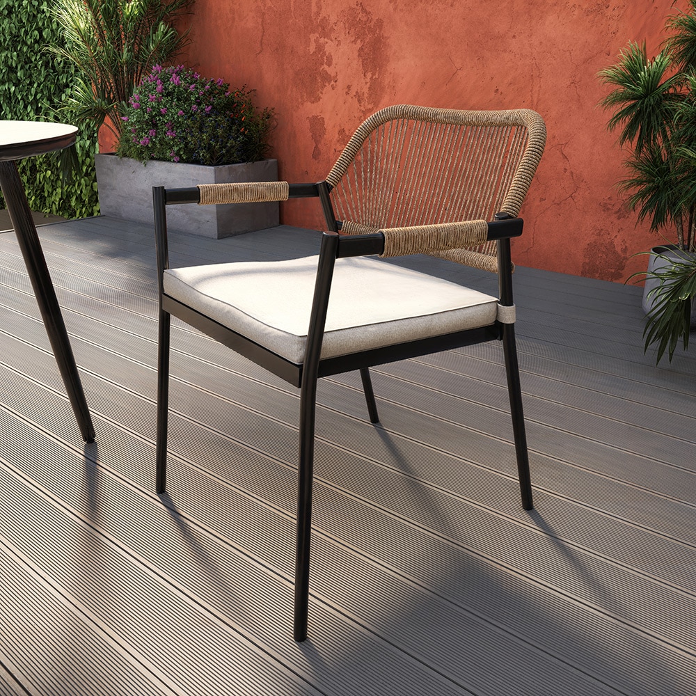 Scaun dining terasa GOODHOME Siliana, 56 x 59 x 76 cm, perna poliester inclusa, sarcina maxima 100 kg, otel si ratan, maro/negru