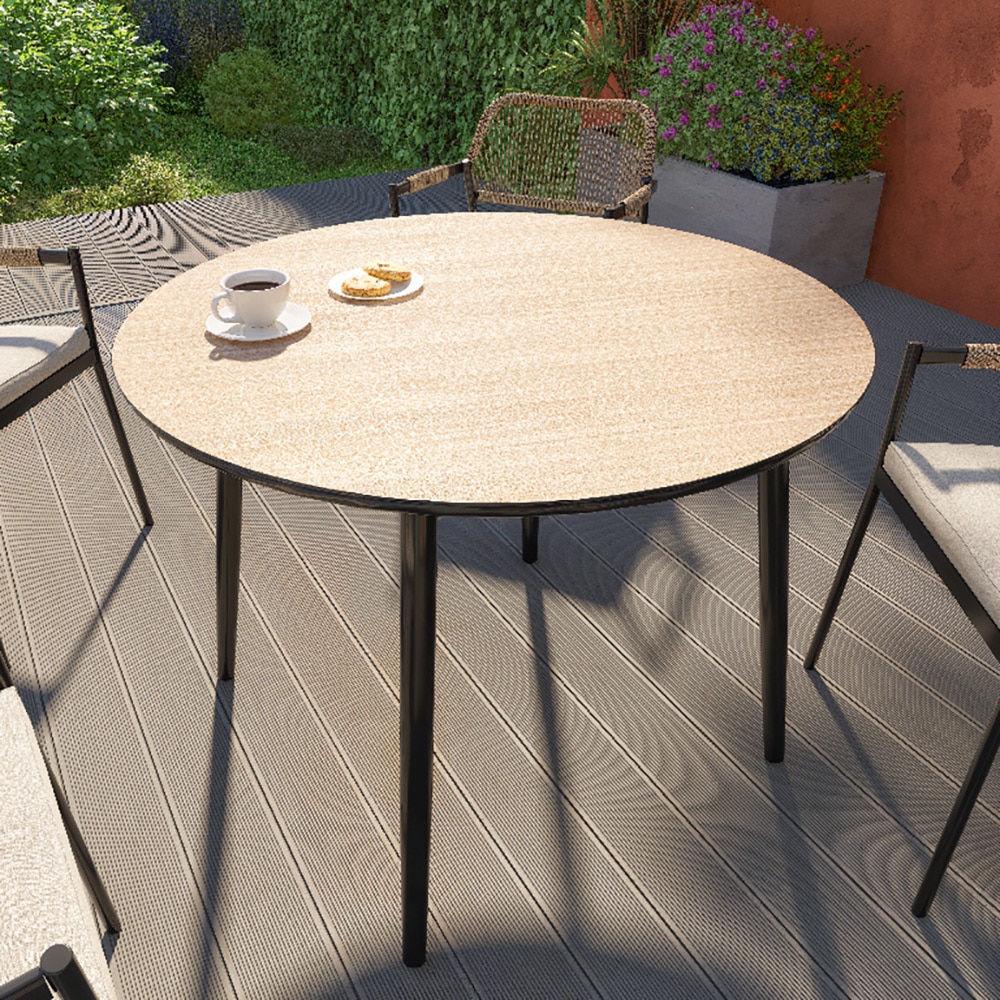 Masa dining gradina GOODHOME Siliana, 74 x 100 cm, otel si sticla securizata, maro/negru