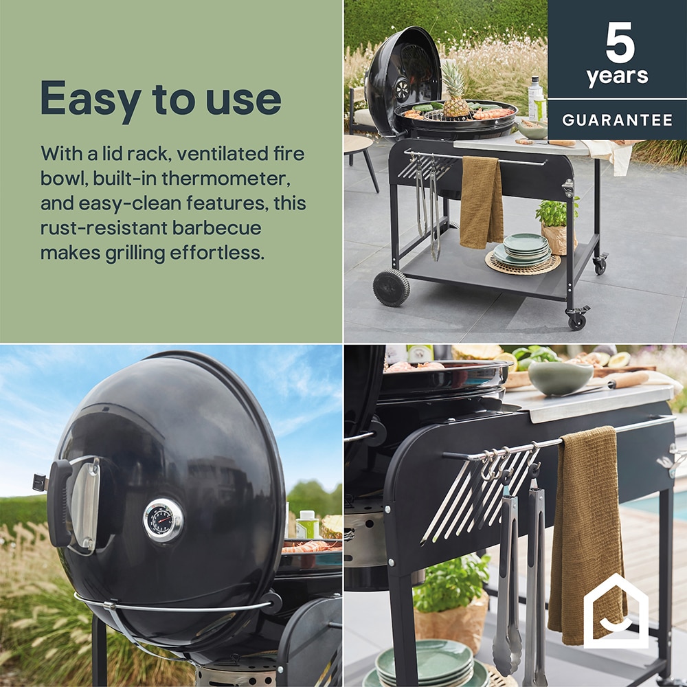 Gratar carbune GOODHOME BBQ Elland, 57cm, 1 suprafata, 4 role, negru