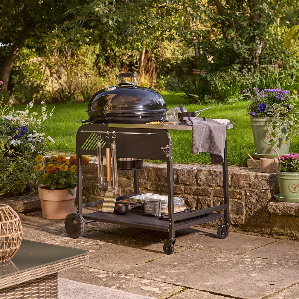 Gratar carbune GOODHOME BBQ Elland, 57cm, 1 suprafata, 4 role, negru